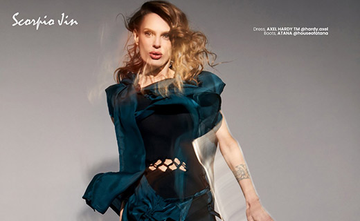 An outfit by Axel Hardy featured on the cover of Scorpio Jin Magazine