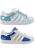 Adidas Superstars designed with the Facebook and Twitter themes